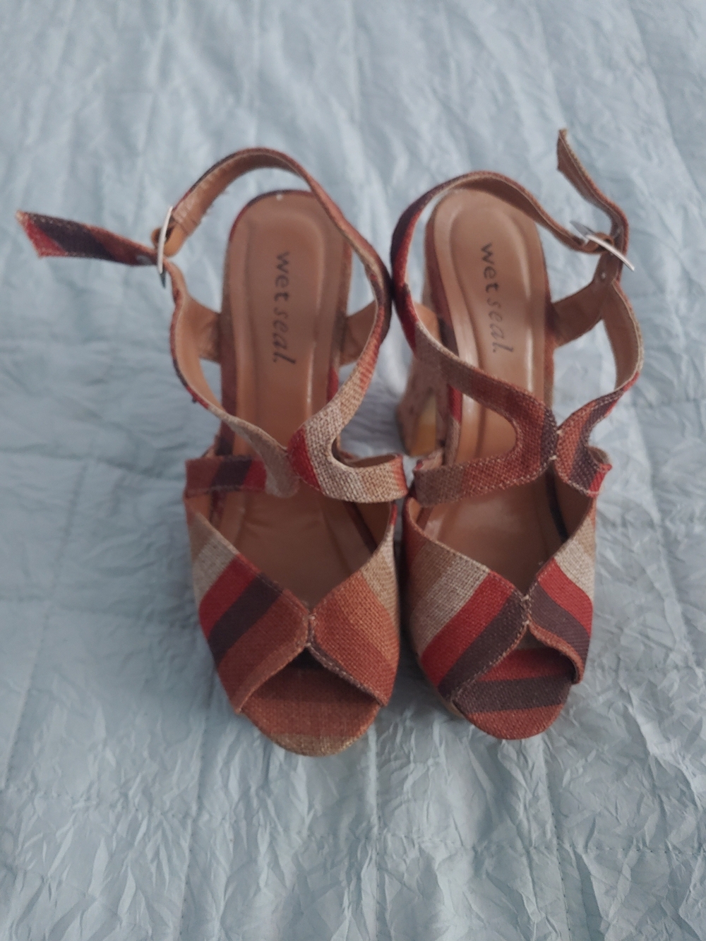 Wet Seal Brown Multi-Stripe Cork Bottom Sandals